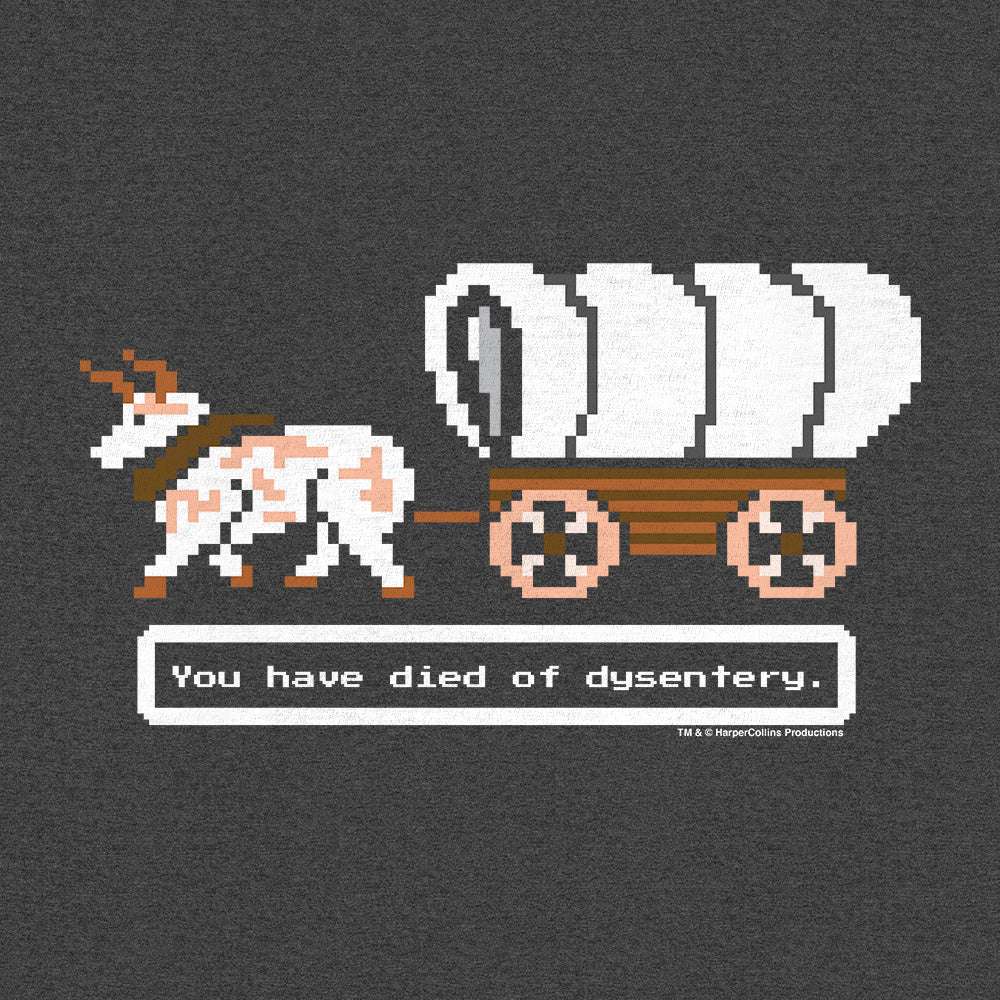 Heather graphite T-shirt with pixel-style wagon scene and 'You have died of dysentery'