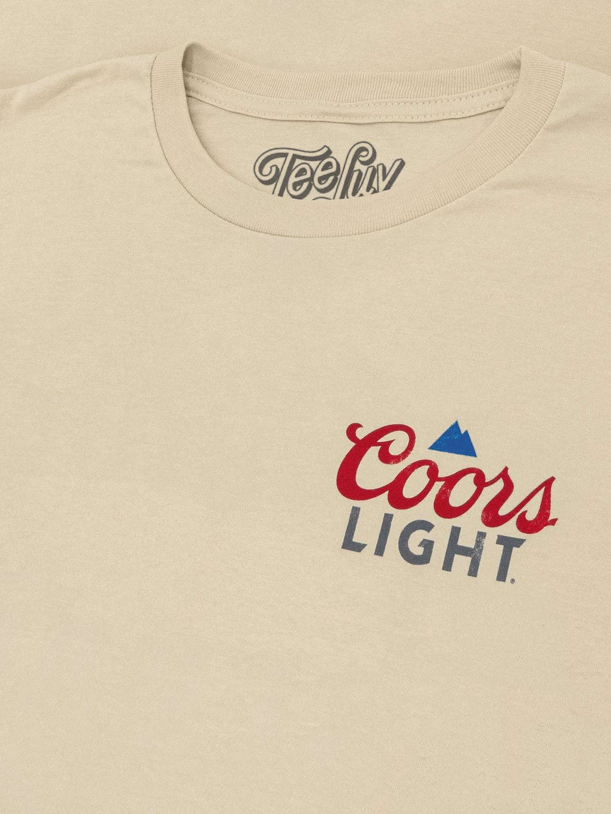 Cream T-shirt close-up of Coors Light chest logo with crew neckline