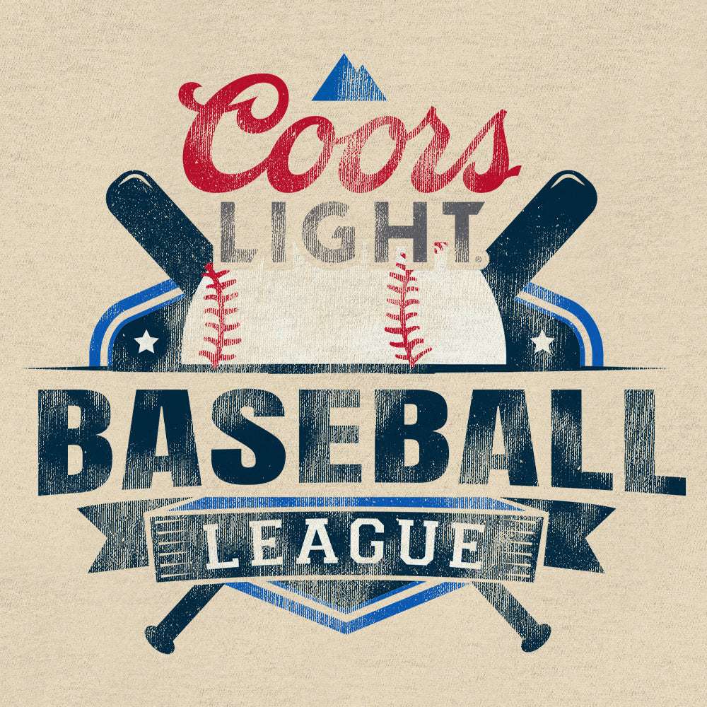 Cream T-shirt close-up of Baseball League graphic with Coors Light logo