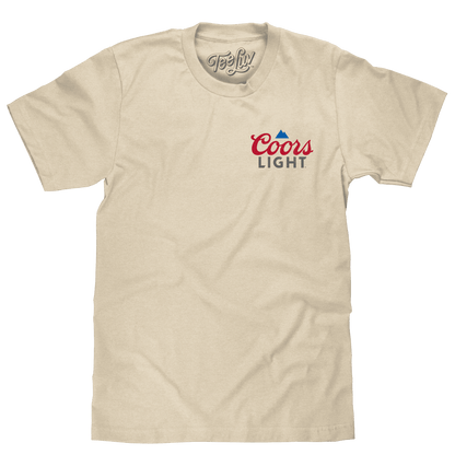 Cream T-shirt with Coors Light logo on chest; crew neck short sleeves