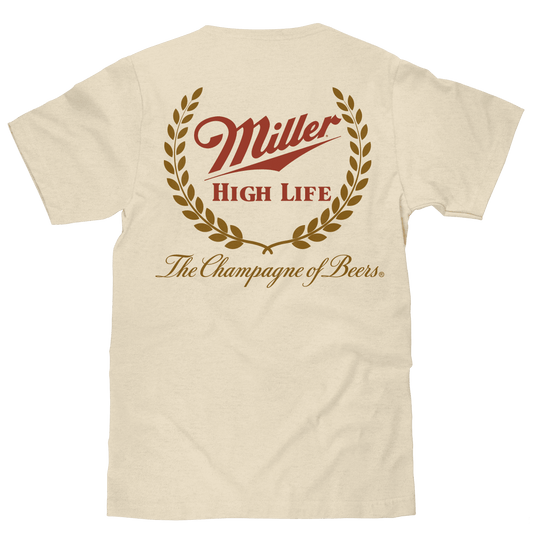 Natural beige T-shirt with Miller High Life front logo, laurel, and slogan
