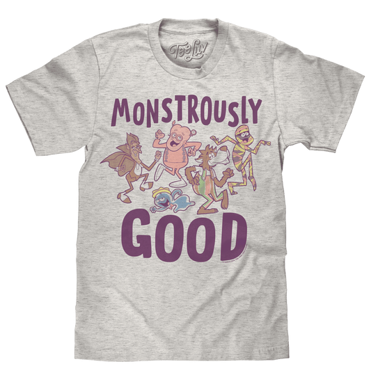 Heather oatmeal T-shirt with purple “Monstrously Good” all-mascot graphic