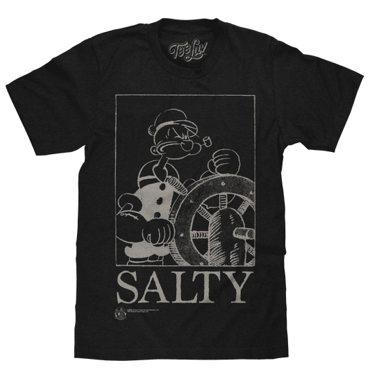 Black graphic T-shirt with “Salty” sailor front print