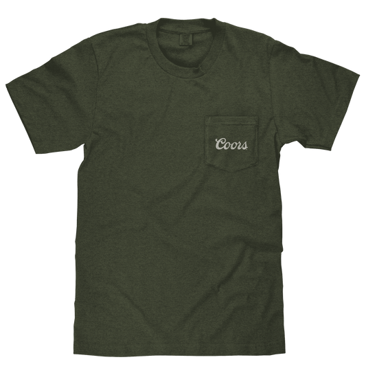 Moss green T-shirt with chest pocket and small Coors logo embroidery