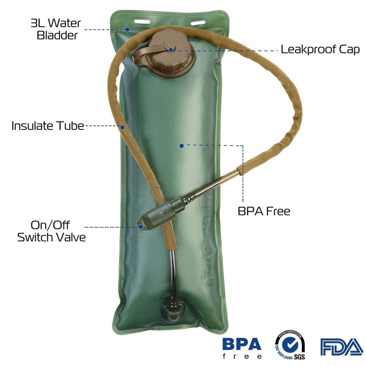 Green 3L water bladder pouch with leakproof cap, valve, and insulation tube detail