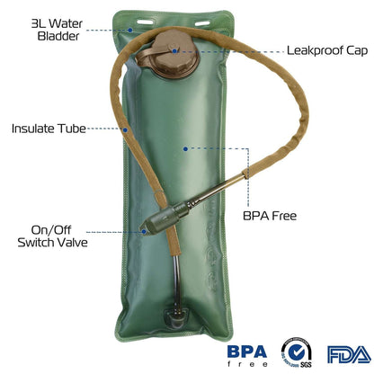 Green 3L water bladder pouch with leakproof cap, valve, and insulation tube detail