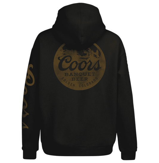 Black pullover hoodie back view with large Coors Banquet Beer graphic and hood