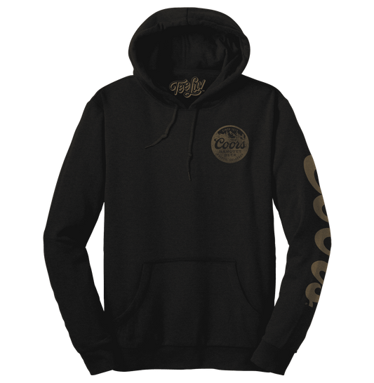 Black pullover hoodie with front kangaroo pocket and hood, Coors Banquet logo patch
