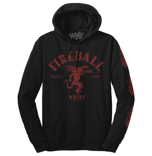 Black pullover hoodie with front pocket and dragon graphic on chest, hood