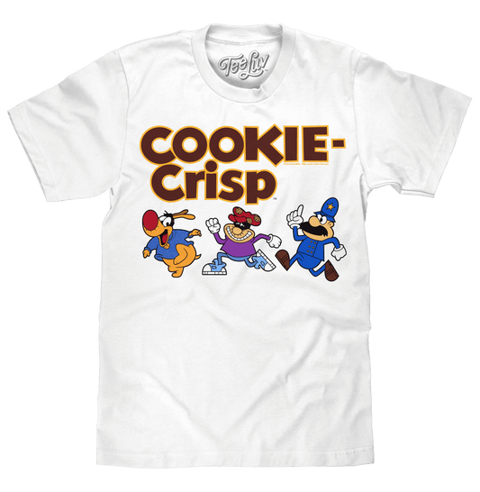 White Cookie Crisp graphic T-shirt with retro mascot print at center