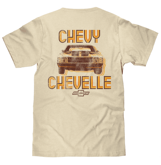 Cream T-shirt with large back print showing Chevelle car and 'CHEVELLE'.