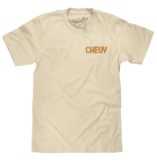 Cream T-shirt with distressed Chevy Chevelle logo print on the front.