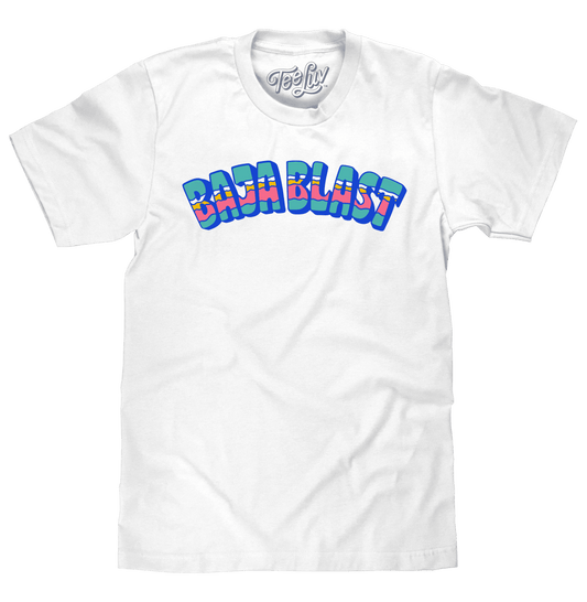 White T-shirt with colorful 'Baja Blast' graphic on the front