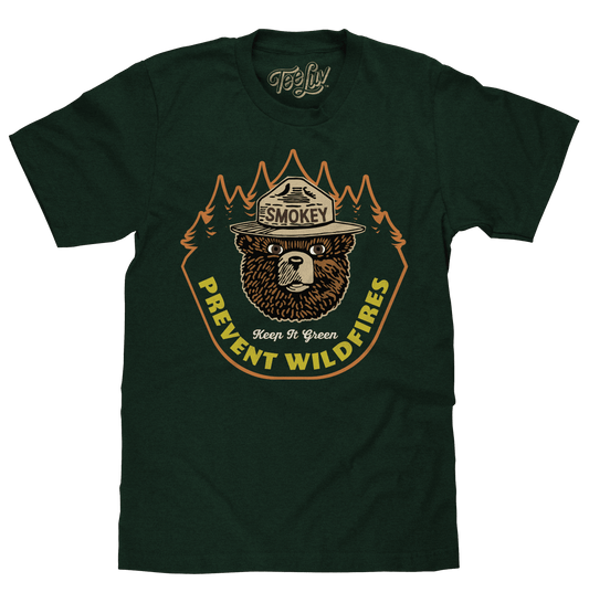 Forest green T-shirt with Smokey Bear wildfire prevention graphic on front