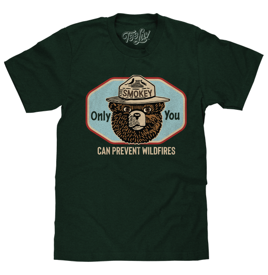 Forest green Smokey graphic T-shirt with chest bear and wildfire slogan