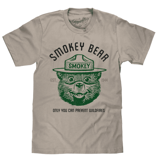 Light gray Smokey Bear graphic T-shirt with green and orange emblem
