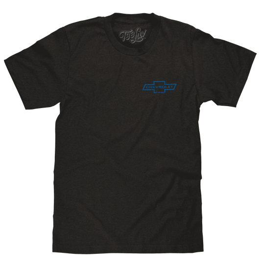 Black crew-neck T-shirt with small blue Chevrolet logo on left chest.