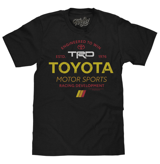 Black motor sports T-shirt with Toyota TRD graphic on front, crew neck.