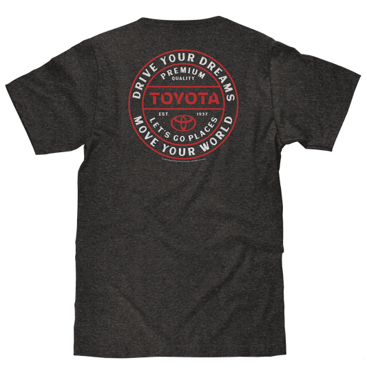 Charcoal heather T-shirt with large round back graphic featuring red Toyota text