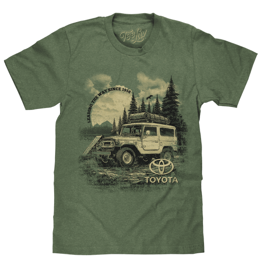 Green heather T-shirt with vintage truck forest graphic and Toyota logo