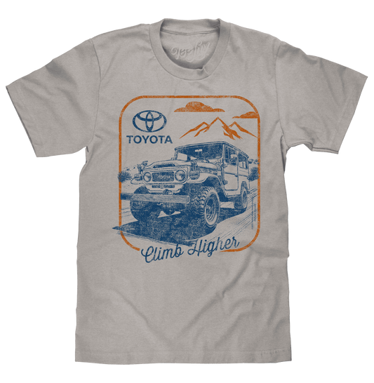 Light gray T-shirt with Toyota SUV graphic and 'Climb Higher' print