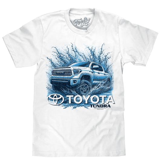 White T-shirt with blue Toyota Tundra front graphic and large Toyota logo