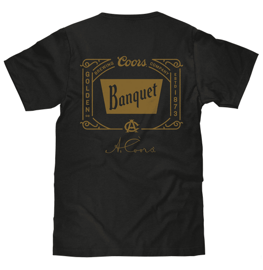 Black beer logo T-shirt with large back “Banquet” graphic and year text.