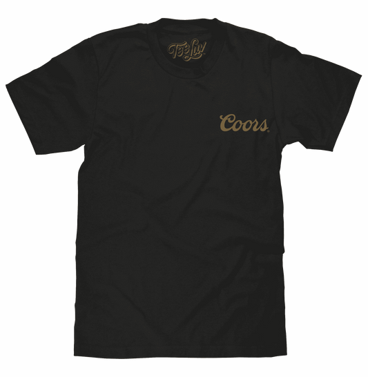 Black beer logo T-shirt with small Coors script graphic on front chest.
