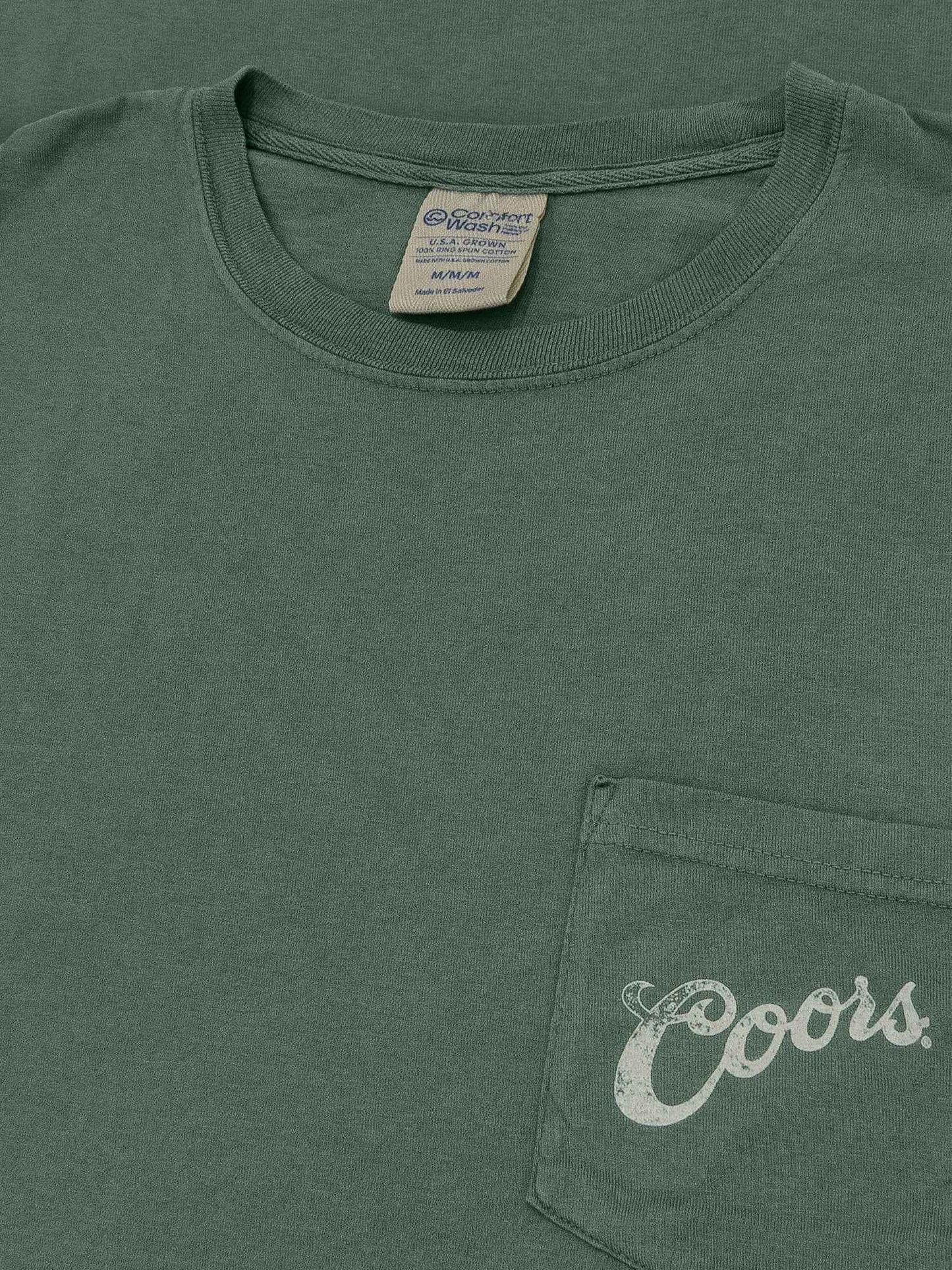 Coors Banquet T-Shirt | Double-Sided Rodeo Bronco | Front Pocket | 100% Cotton | Cypress Green