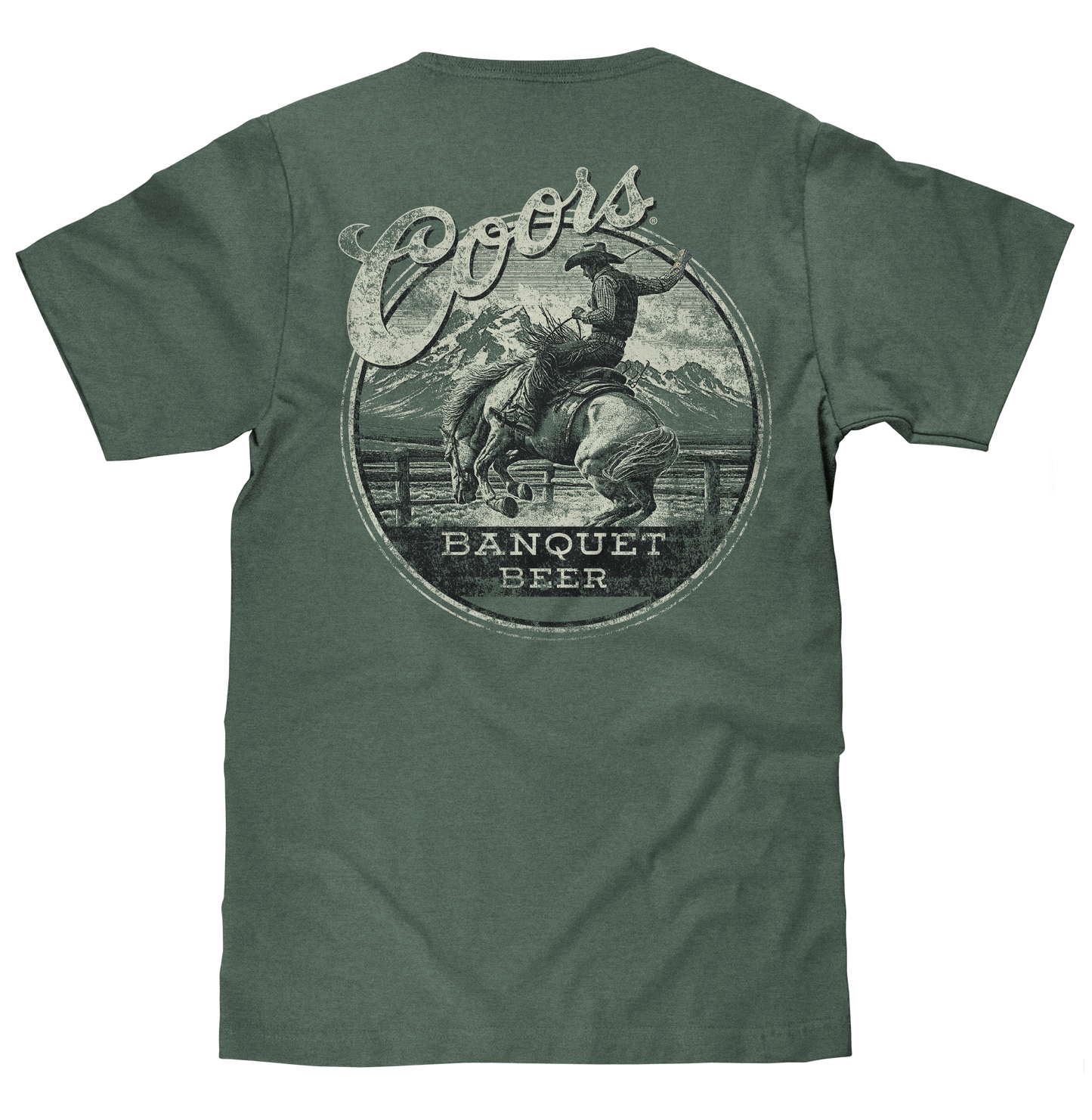 Coors Banquet T-Shirt | Double-Sided Rodeo Bronco | Front Pocket | 100% Cotton | Cypress Green