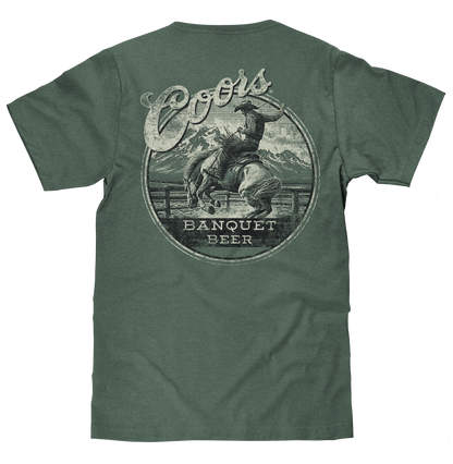 Coors Banquet T-Shirt | Double-Sided Rodeo Bronco | Front Pocket | 100% Cotton | Cypress Green
