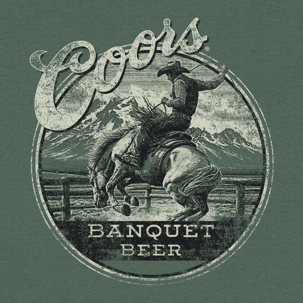 Coors Banquet T-Shirt | Double-Sided Rodeo Bronco | Front Pocket | 100% Cotton | Cypress Green