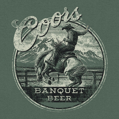 Coors Banquet T-Shirt | Double-Sided Rodeo Bronco | Front Pocket | 100% Cotton | Cypress Green