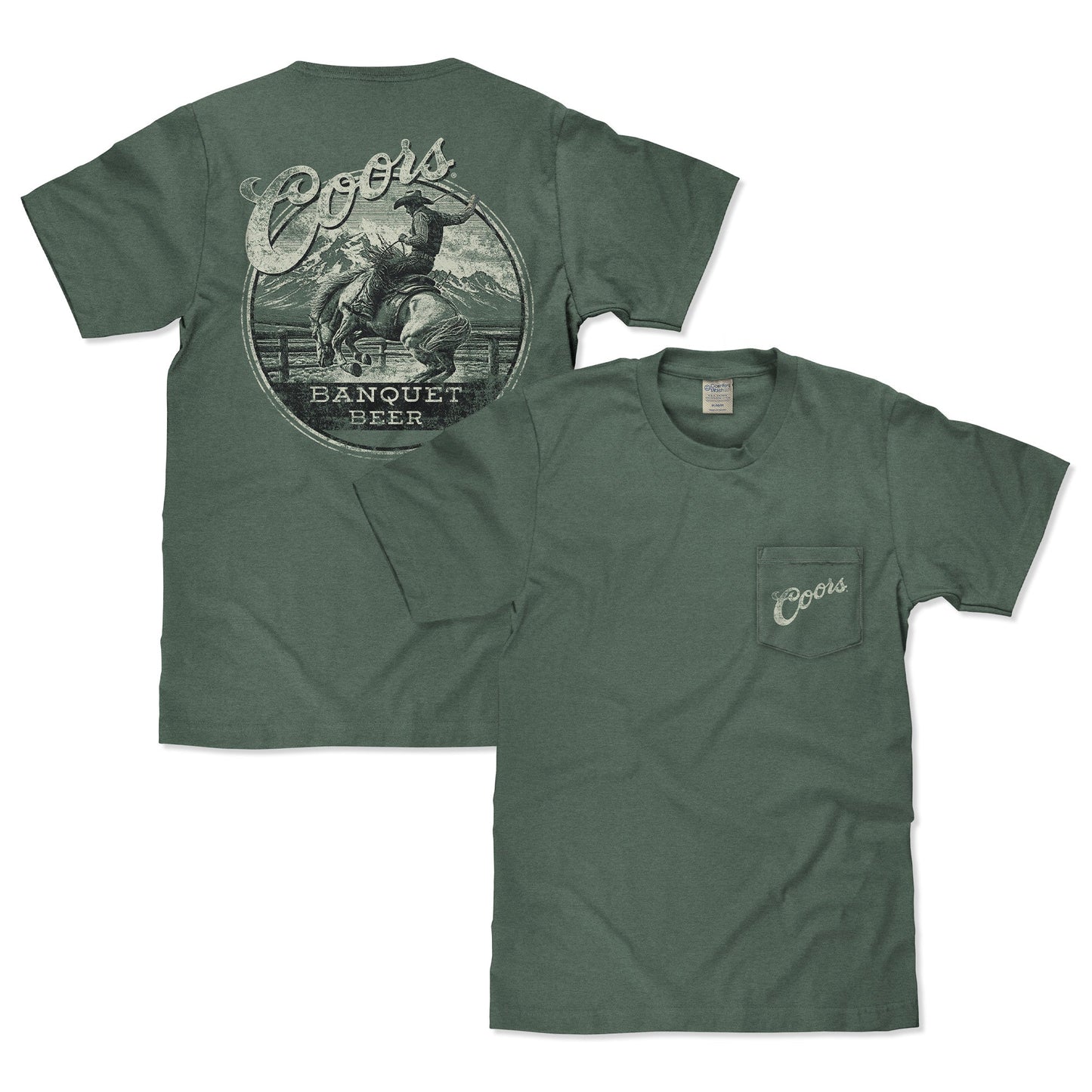 Coors Banquet T-Shirt | Double-Sided Rodeo Bronco | Front Pocket | 100% Cotton | Cypress Green