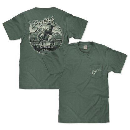 Coors Banquet T-Shirt | Double-Sided Rodeo Bronco | Front Pocket | 100% Cotton | Cypress Green