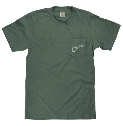 Coors Banquet T-Shirt | Double-Sided Rodeo Bronco | Front Pocket | 100% Cotton | Cypress Green