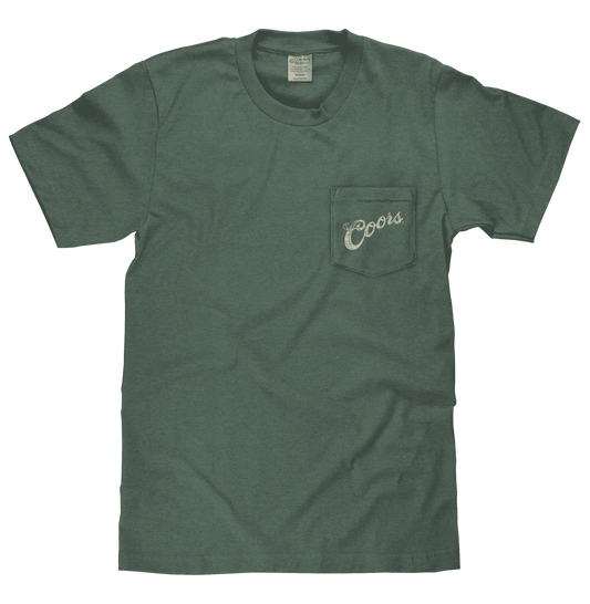 Men's green T-shirt with front pocket and Coors logo graphic
