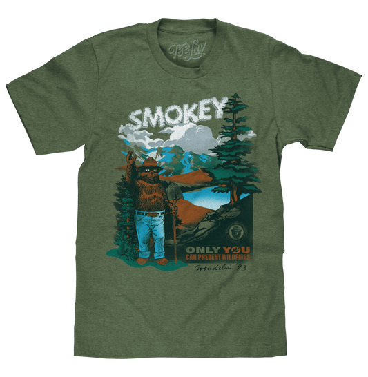 Canyon green heather Smokey Bear T-shirt with front graphic print and crew neck