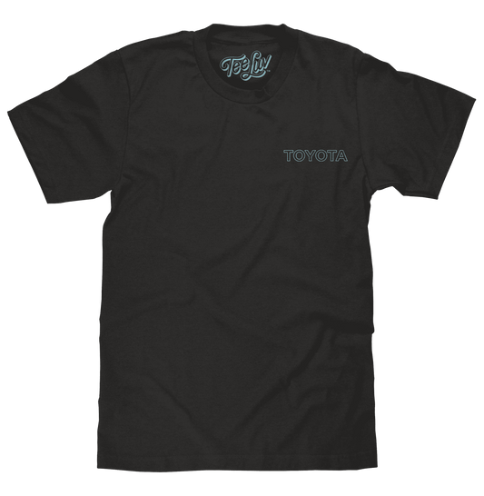 Black crew-neck T-shirt with small Toyota logo on front chest, Teeliv neck label