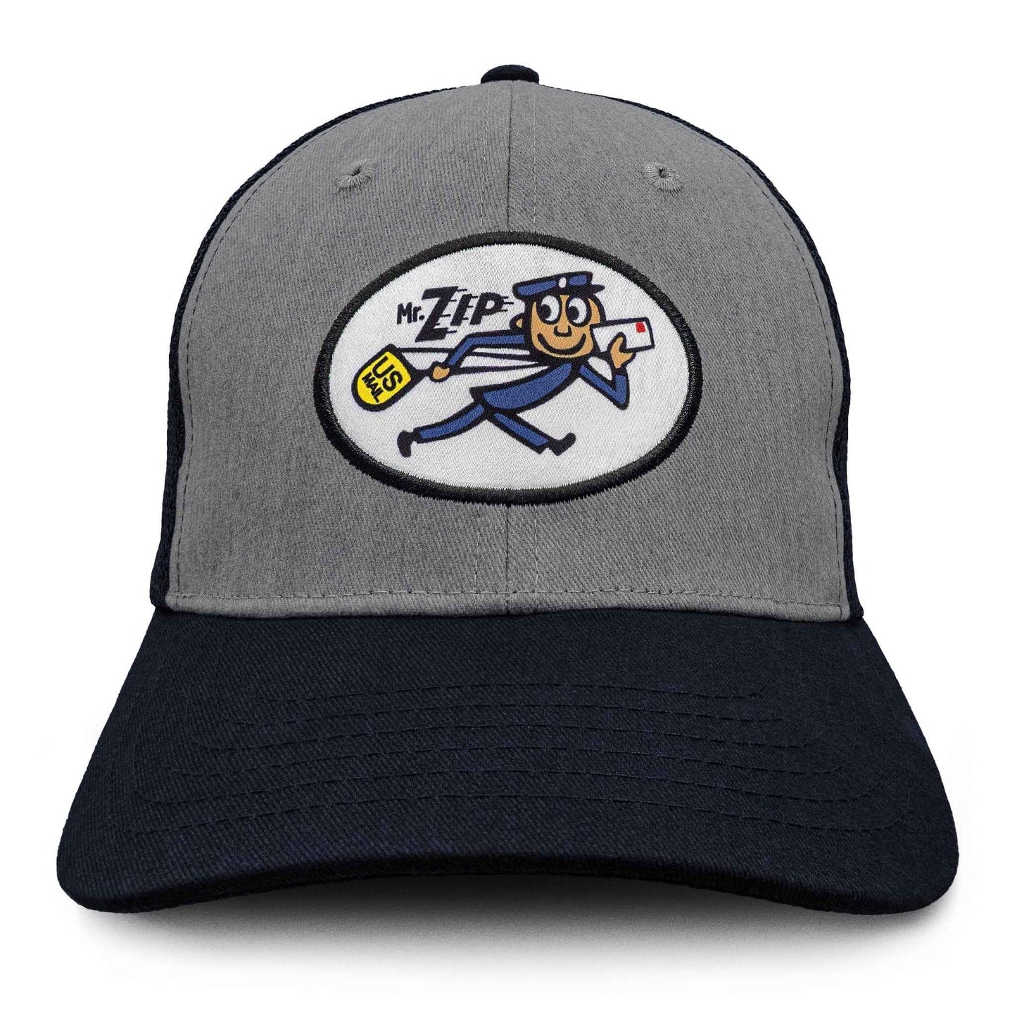 USPS Mr. ZIP Embroidered Mesh Back Trucker Hat | Gray & Navy