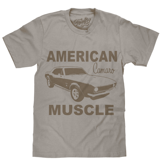 Light gray distressed graphic Camaro T-shirt with AMERICAN MUSCLE and car artwork