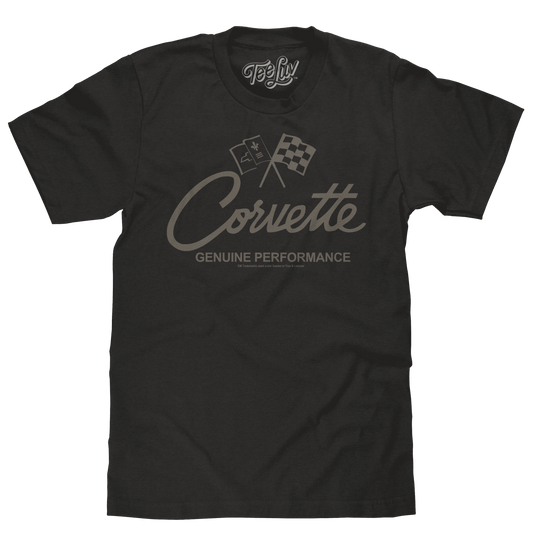 Black Corvette performance T-shirt with crossed flags and chest logo print