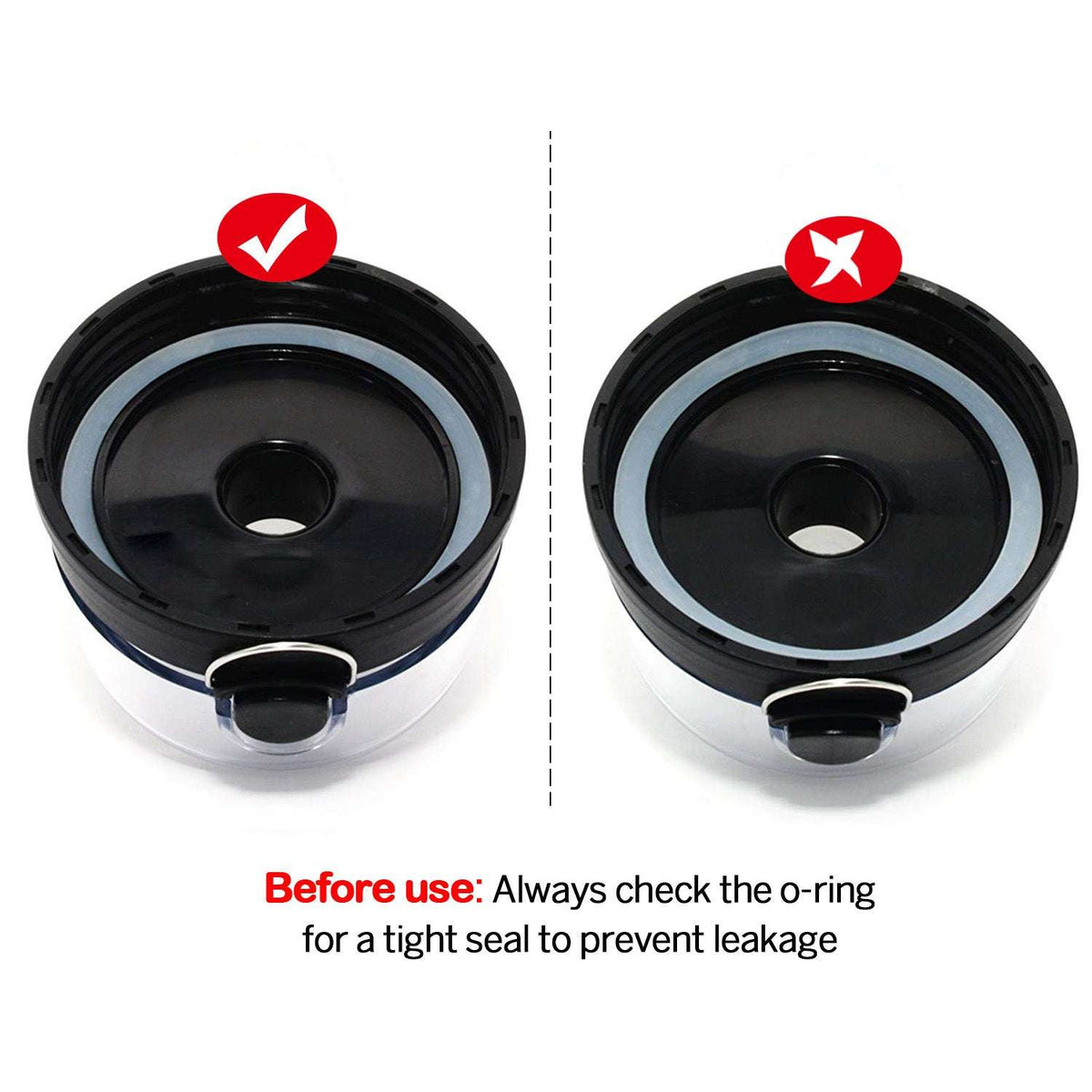 Bottle cap with o-ring seal, black interior, shown closed for leak prevention