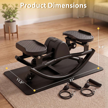 Black swing stepper and resistance bands shown with product dimensions