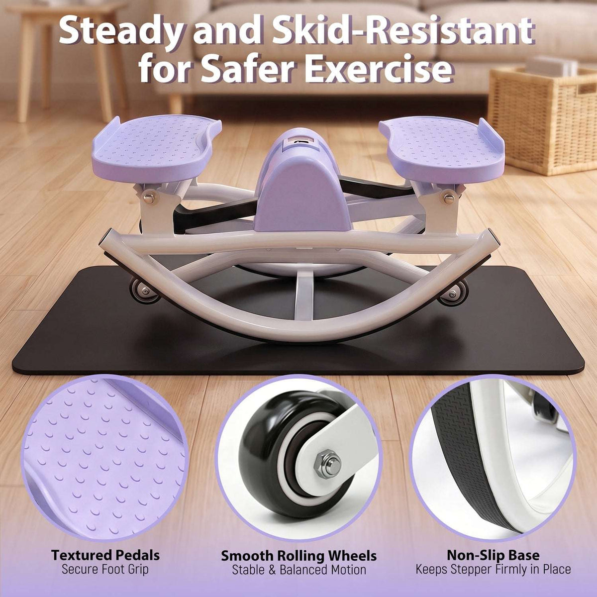 Swing stepper showing textured pedals, rolling wheels, and non-slip base