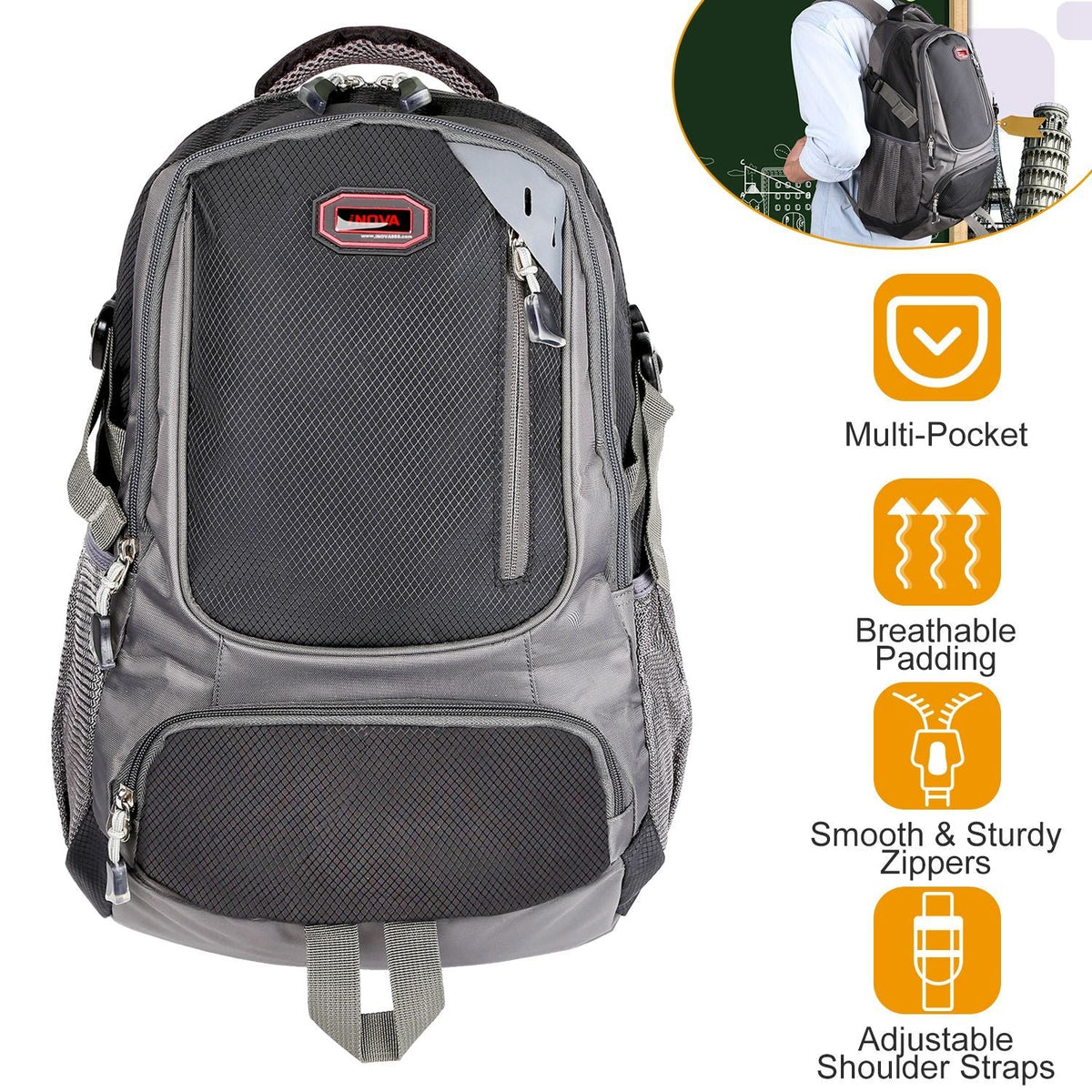 Unisex Nylon Backpack – Lightweight 1.4 lb | Dual Water Bottle Pockets, Multiple Zip Compartments | School, Travel & Gym