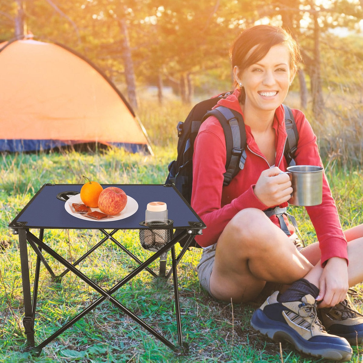 LakeForest Folding Camping Table with 2 Cup Holders – 600D Oxford, 44 lb Capacity | 18.5"x18.5" | 2.2 lbs | 1-Pc & 2-Pc Sets