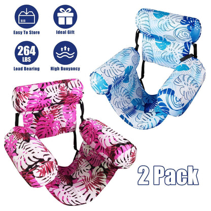 U-shaped inflatable pool hammock floats, blue and pink with black tie straps