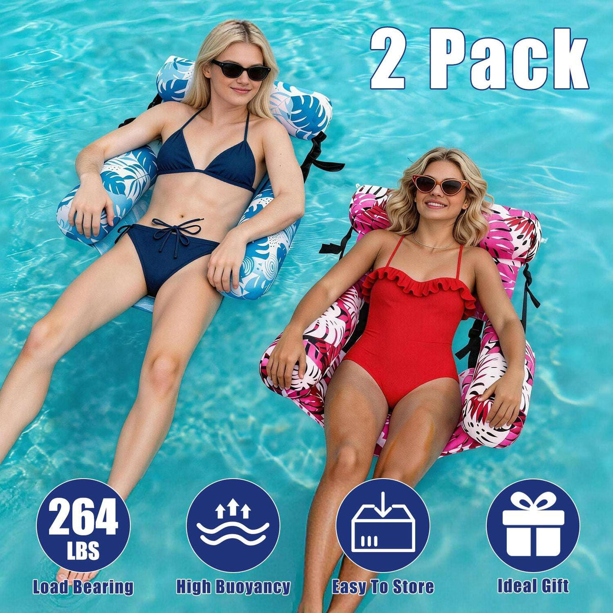 Inflatable U-shaped pool hammock floats, blue and pink tropical prints in set of two