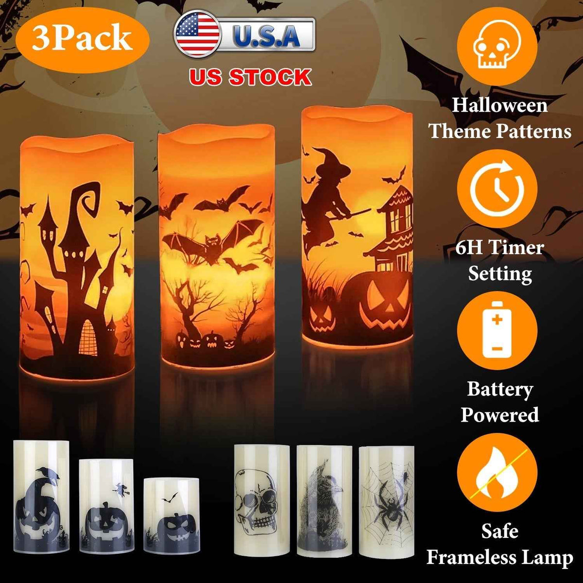 3-Pack Halloween Flameless Candle Lamps with Timer – Witch, Bat & Castle
